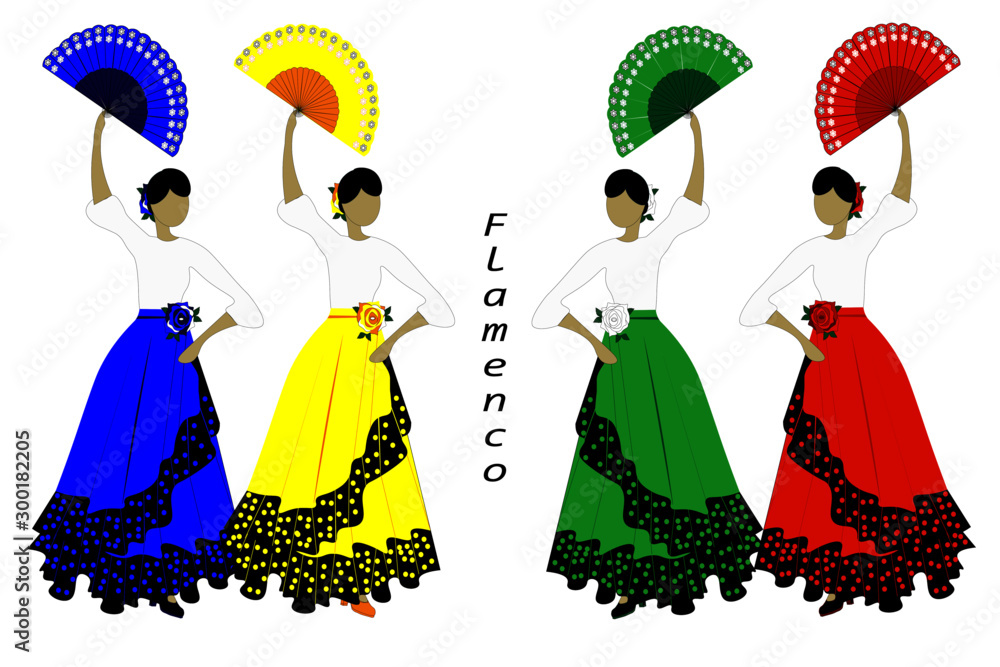 Different colors of flamenco. Flamenco dancers in traditional Spain costumes.