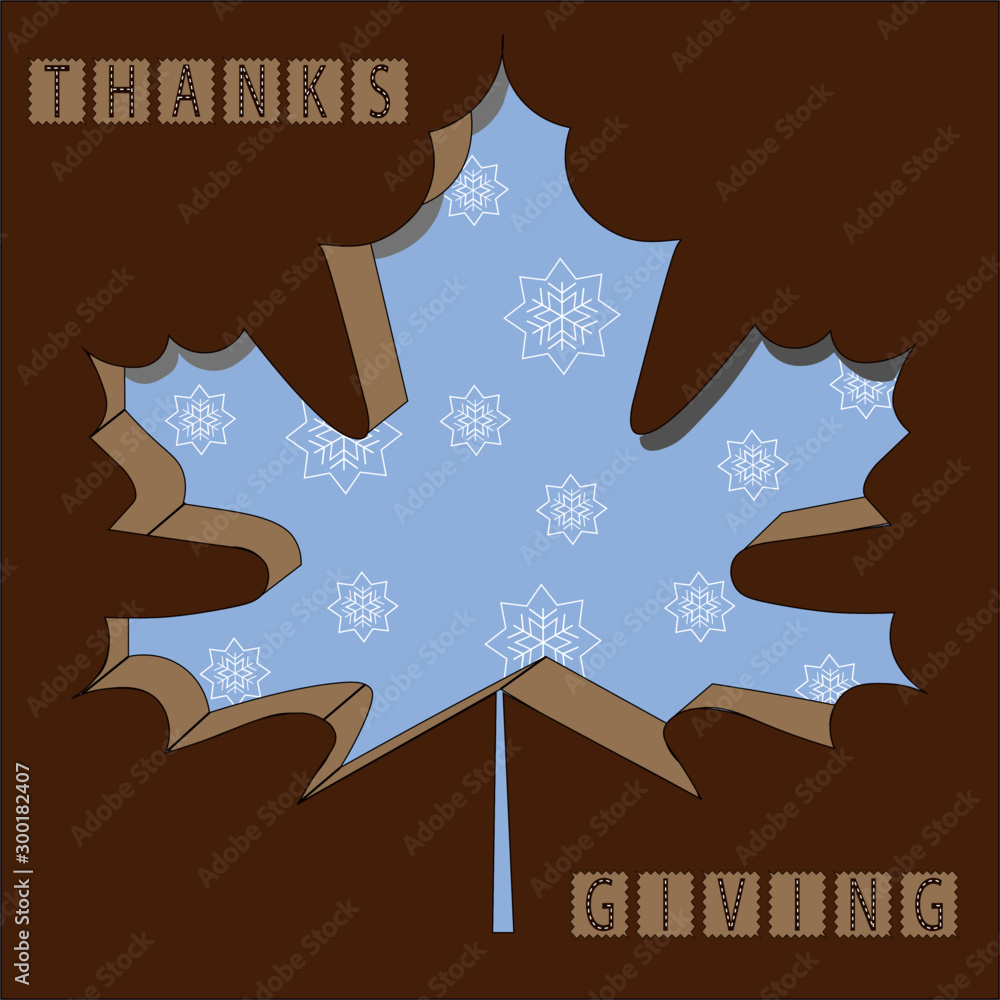 Thanksgiving card with maple leaf and snowflakes.