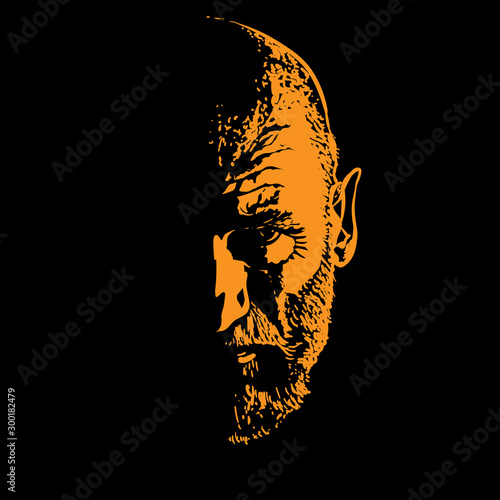 Old Man portrait silhouette in backlight. Contrast face. Vector. Illustration.