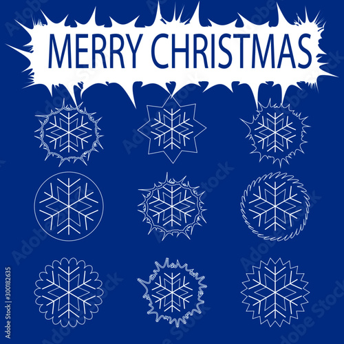 Set of white snowflakes in snowballs. Text Merry Christmas. Can be Christmas card.