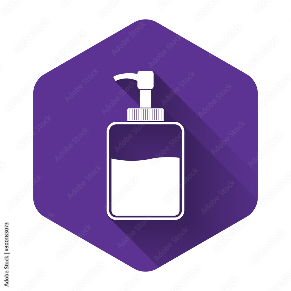 White Hand sanitizer bottle icon isolated with long shadow. Disinfection concept. Washing gel. Alcohol bottle for hygiene. Purple hexagon button. Vector Illustration White Hand sanitizer bottle icon isolated with long shadow. Disinfection concept. Washing gel. Alcohol bottle for hygiene. Purple hexagon button. Vector Illustration