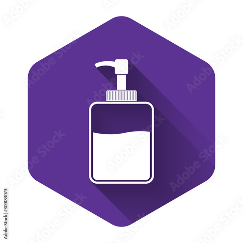White Hand sanitizer bottle icon isolated with long shadow. Disinfection concept. Washing gel. Alcohol bottle for hygiene. Purple hexagon button. Vector Illustration