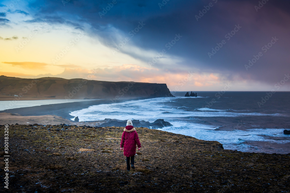 Traveler enjoying the Black sand beach view in Iceland