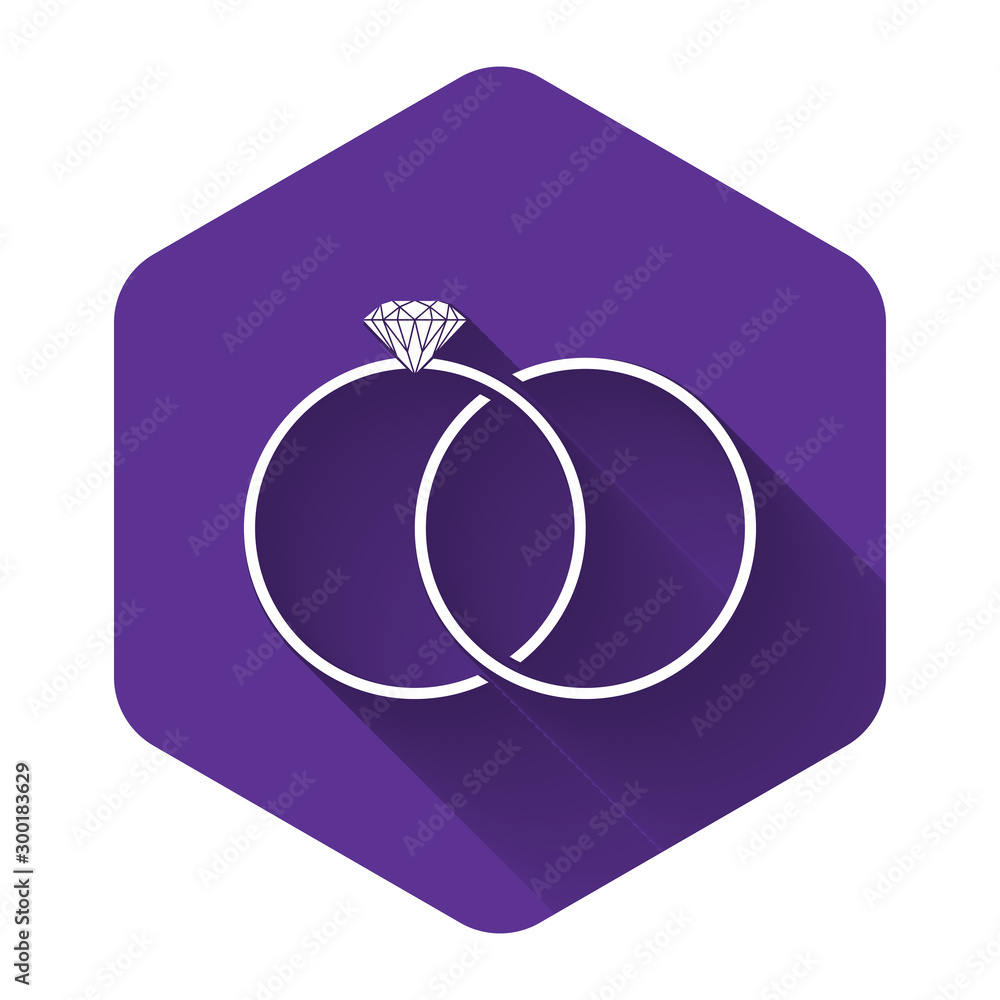 White Wedding rings icon isolated with long shadow. Bride and groom jewelery sign. Marriage icon. Diamond ring. Purple hexagon button. Vector Illustration
