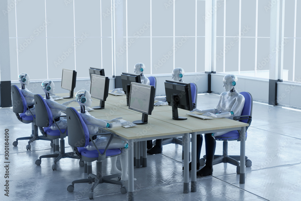 3D rendering human robot working in office concept 3D rendering human robot working in office concept