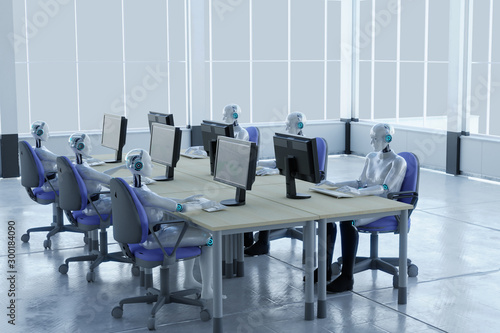 3D rendering human robot working in office concept