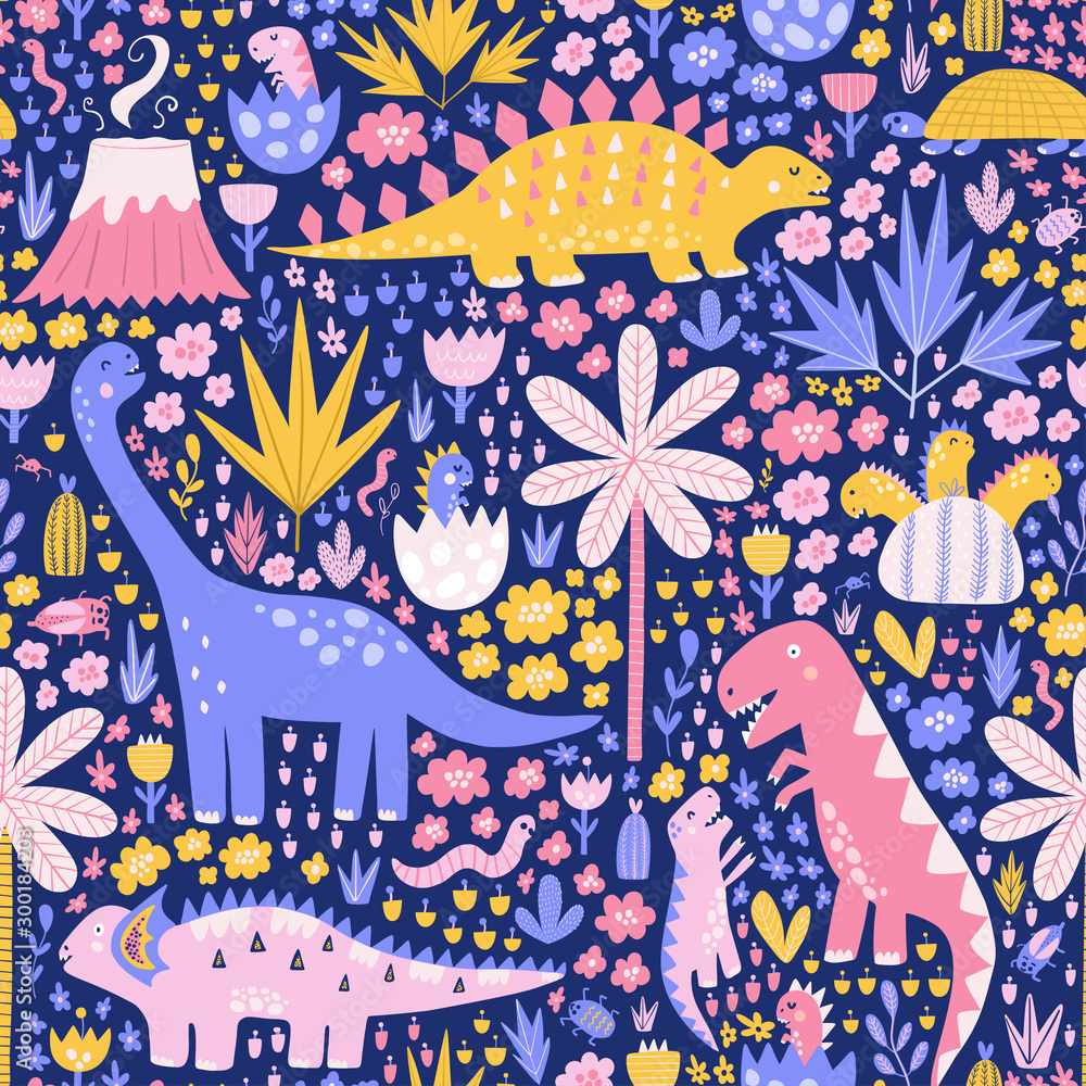 Colorful seamless pattern with cute dinosaurs, palms, and cactuses. Baby dinos in eggshell. Bright fabric background in childish style