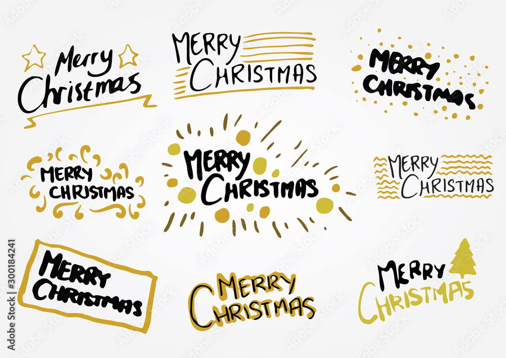 Cute hand written merry christmas doodle text in set