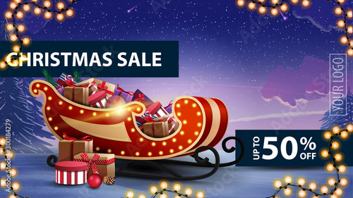 Christmas sale, up to 50% off, winter landscape, garlands and Santa sleigh with presents. Modern discount banner