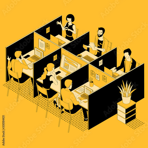 Isometric flat 3d abstract office interior glsck and yellow flat design vector illustration.