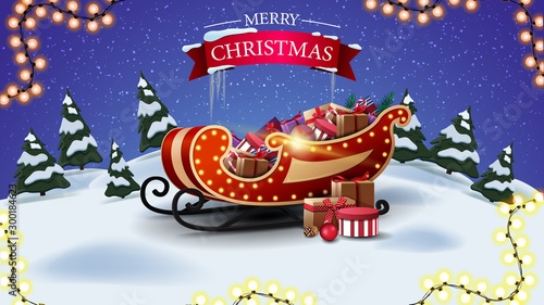 Merry Christmas, postcard with cartoon winter landscape and Santa sleigh with presents