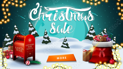 Christmas sale, discount banner with winter landscape. big blue moon, starry sky, garland, button, Santa letterbox and Santa Claus bag with presents