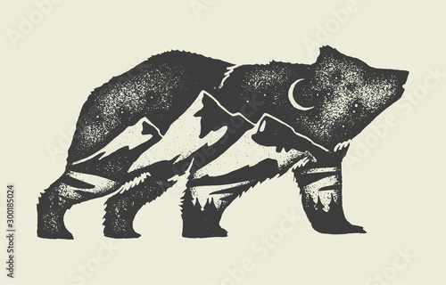 Bear with mountains in it - double exposure tattoo style vintage grunge illustration