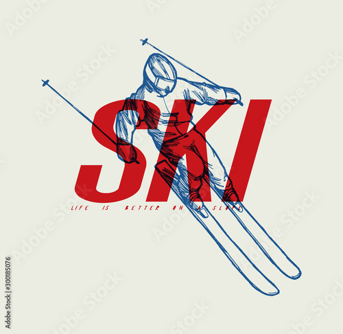 Ski typography t-shirt print design with skier going down - dynamic vector illustration