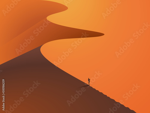 In a desert dunes with a man in the foreground. Sunset landscape. Vector EPS 10; photo