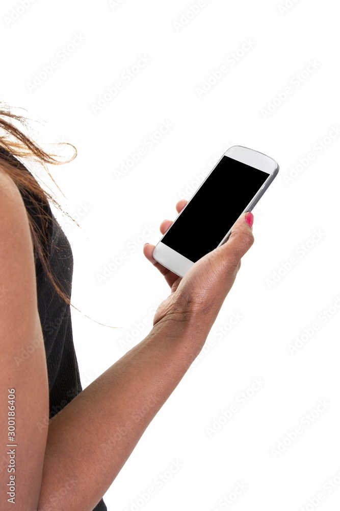 woman hand holding smartphone white with blank black screen on white background empty mock-up