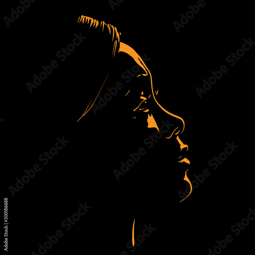 African woman portrait silhouette in contrast backlight. Vector. Illustration.