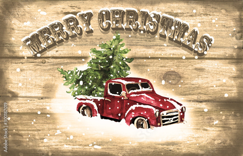 Watercolor hand drawn artistic colorful retro vintage car with Christmas tree isolated on wooden  background