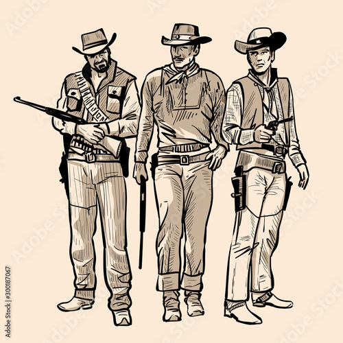 Three cowboys with guns. Men with cowboy hats and rifle. Western Gunfighters. Digital sketch hand drawing vector. Illustration. 