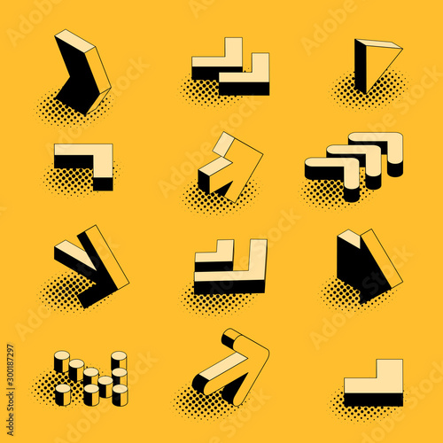 Flat design black an yellow retro comic style isometric arrow icon set.