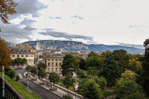 Timelapse view of Geneva, Switzerland, with the Parc des Bastions on the right and the Saleve mountain on the background. photo