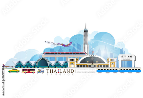 vector of Thailand transportation, Bangkok city Travel, Bangkok Railway Station, Suvarnabhumi international airport, sky train