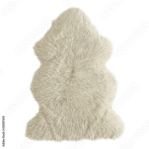 Yellow decor skin of a sheepskin wool rug on a white background. 3D rendering