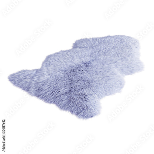 Blue decor skin of a sheepskin wool rug on a white background. 3D rendering