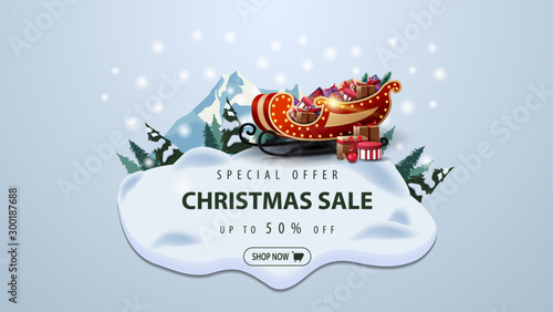 Special offer, Christmas sale, up to 50% off, modern discount banner with pines, drifts, mountain and Santa Sleigh with presents