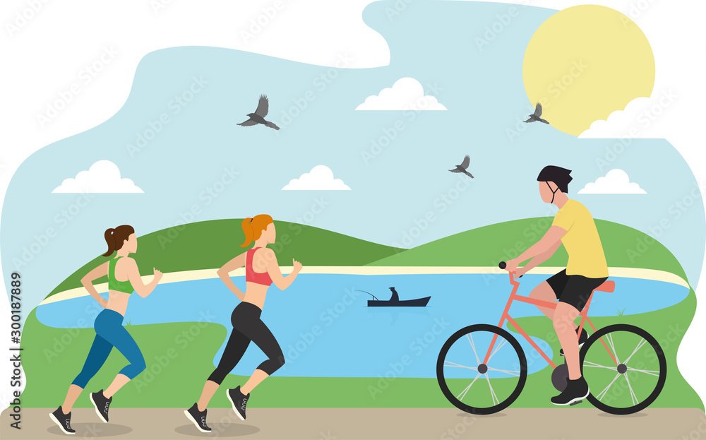 Cartoon Flat Active People City Dwellers Illustration. Vector Male and Female Sporty Characters Riding Bicycle, Going Scooter and Running. Healthy Recreation in Park. Outdoors Activities and Trainings