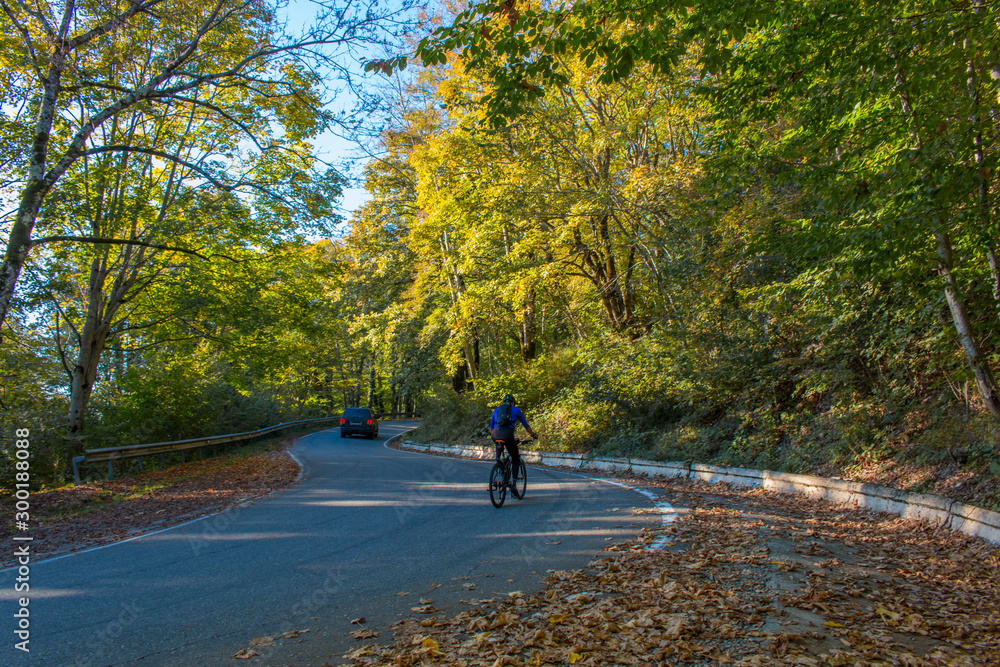 Man riding a bike on a curved road in autumn scenary. Autumn bike riding