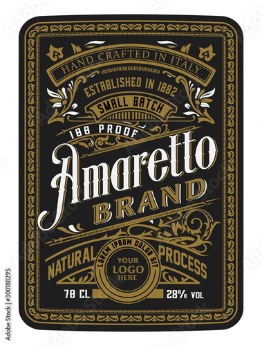 Vintage bottle label design with floral elements. Alcohol industry emblem, distilling business.