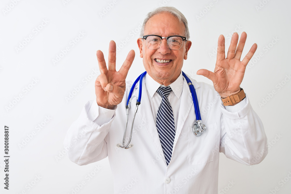 Senior grey-haired doctor man wearing stethoscope standing over isolated white background showing and pointing up with fingers number eight while smiling confident and happy. Senior grey-haired doctor man wearing stethoscope standing over isolated white background showing and pointing up with fingers number eight while smiling confident and happy.