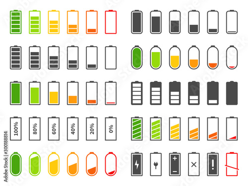 Battery icons. Charging level batteries charge indicator, alkaline tags rechargeable levels. Full, low and empty battery vector set