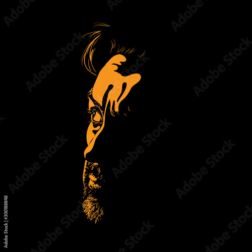 Bearded and whiskered man portrait silhouette in backlight. Contrast face. Vector. Illustration.