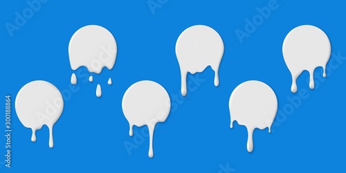 Milk labels with drips. Milkshake melt circle stickers with drops. White paint blobs, yogurt dessert dripping fluid splashes vector set photo