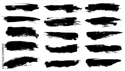 Grunge brushes. Black paint strokes  ink paintbrush texture. Brushstroke stain grungy drawing frame borders  isolated vector set