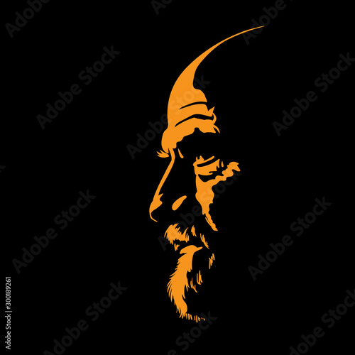 Bearded bald man portrait silhouette in contrast backlight. Vector. Illustration.