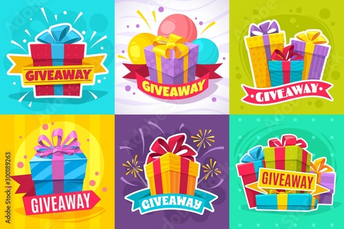 Giveaway post. Give away gift announcement, winner contest reward and christmas prize for social media posts and website vector flyers