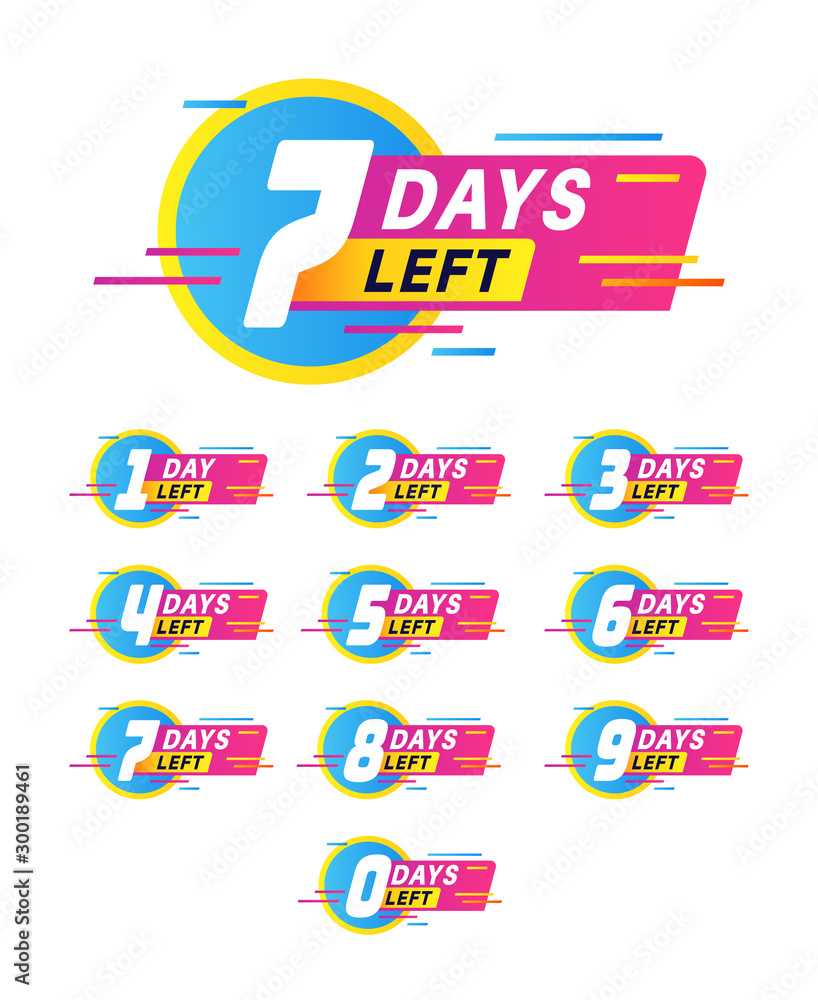 Days to go badges. Product promotion, big deal banner. Limited offer with timer, countdown sale label with day left numbers vector stickers Days to go badges. Product promotion, big deal banner. Limited offer with timer, countdown sale label with day left numbers vector stickers