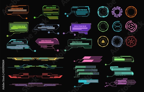 Hud elements. Futuristic callout bar, modern digital info boxes layout. Call bars gadget game app interface vector isolated set
