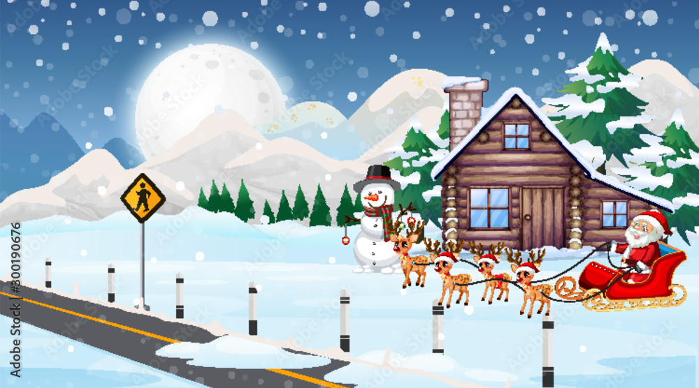 Scene with Santa and reindeer on sleigh Stock Vector | Adobe Stock