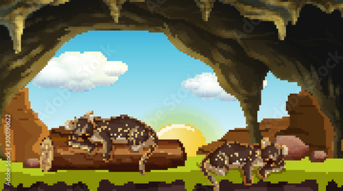 Scene with two cheetahs sleeping in cave
