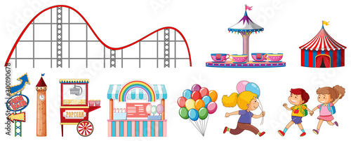 Isolated objects from circus theme with children and rides