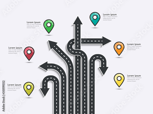 Arrow Road Map of  Business and Journey Infographic Design Template with pin pointer. Road trip, journey route and road to success. Vector EPS 10