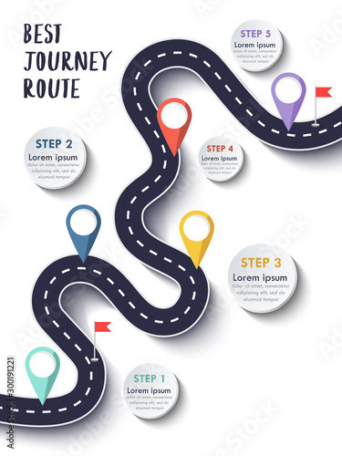 The Best Journey Route. Road trip and Journey route. Business and Journey Infographic Design Template with flags and place for your data. Winding road on a colorful background. Vector EPS 10