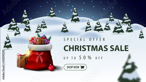 Special offer, Christmas sale, up to 50% off, beautiful discount banner with Santa Claus bag with presents and cartoon winter landscape on background