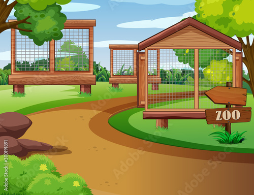 Background scene of zoo with empty cages