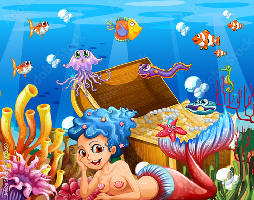 Underwater scene with beautiful mermaid