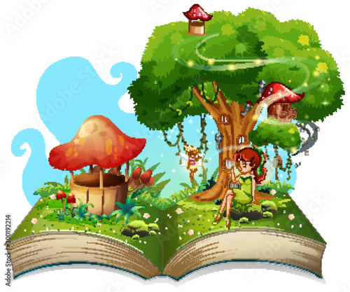 Book with fairies flying in garden